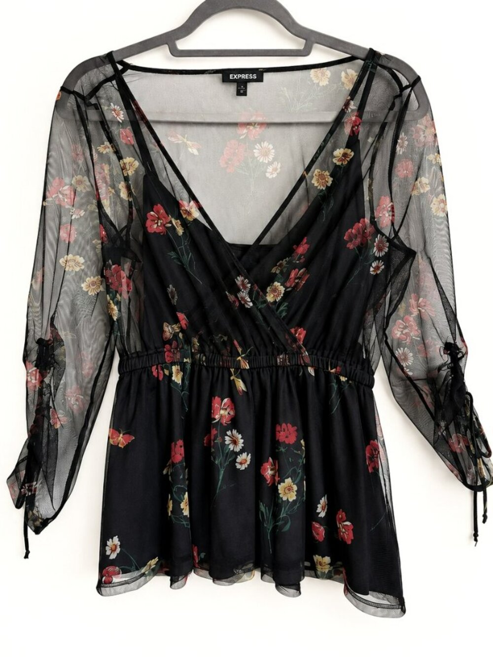 Express M Black Floral Mesh Wrap Peplum Tie Sleeve Blouse